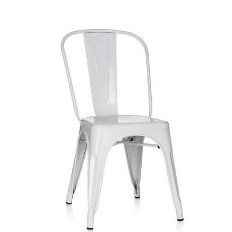 Valkoinen metallinen Bistrotuoli VANTAGGIO COMFORT, jossa on pyöristetyt selkänojan reunat, valmistaja hjh OFFICE