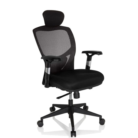 High End -toimistotuoli VENUS BASE harmaanmustana verkkoselkänojalla ja niskatuella, valmistaja hjh OFFICE