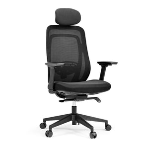Musta Ammattitason toimistotuoli Vivadapt verkkoselkänojalla, niskatuella ja käsinojilla, valmistaja hjh OFFICE