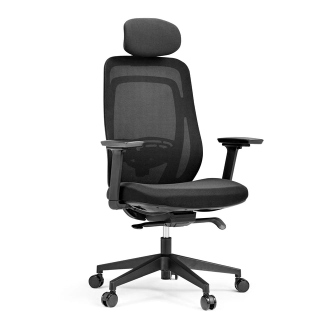 Musta Ammattitason toimistotuoli Vivadapt verkkoselkänojalla, niskatuella ja käsinojilla, valmistaja hjh OFFICE